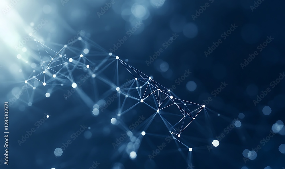 Poster Abstract digital network with glowing nodes on a dark blue background, representing technology and connectivity.