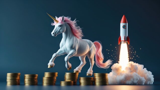 Illustration of a unicorn associated with startup ventures, imaginative thinking, and concepts of innovation and motivation. Rocket launching from a pile of coins towards success.