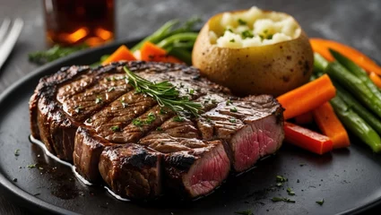 Zelfklevend Fotobehang A ribeye steak served with a baked potato and mixed vegetables. © TheWaterMeloonProjec