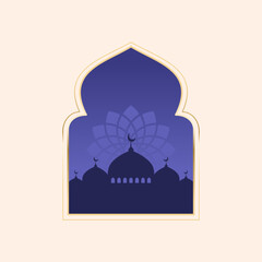 Ramadan and Eid mubarak night concept with mosque, and door. suitable for islamic greeting banner