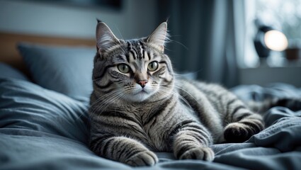 Obraz premium adorable young handsome AMERICAN SHORTHAIR kitten with grey and black stripes lounging in a bedroom, softly blurred background.