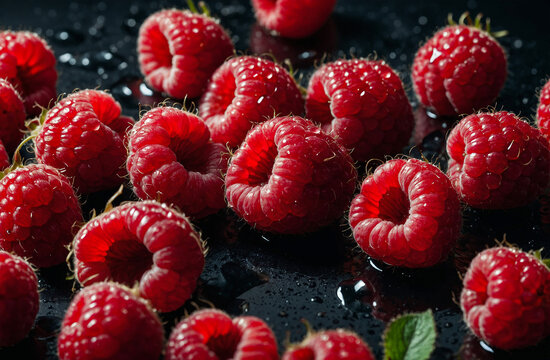 Fresh Juicy Raspberries with Water Droplets on Black Surface
