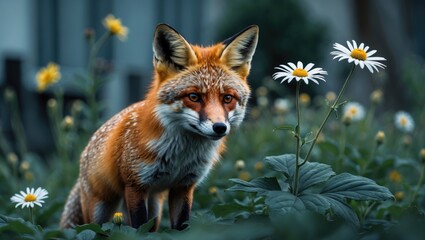 Fototapeta premium Toronto, Ontario, Canada, July 11, 2019, Fox concealed among flowers