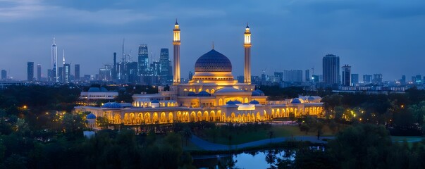 Fototapeta premium Illuminated mosque at twilight with modern city skyline backdrop
