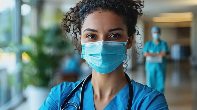 Healthcare Heroine: A determined and compassionate nurse, her eyes reflecting unwavering dedication, stands ready to serve, embodying the essence of healthcare excellence and selfless service.