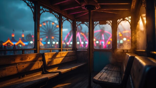 Inside view of a ferris wheel cabin at an amusement park. Theme of entertainment and fairs. Showing an unoccupied gondola.