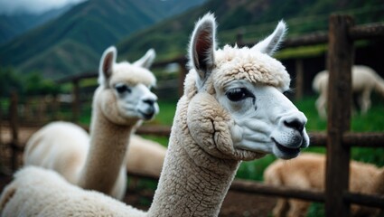 Obraz premium Intimate view of a white Alpaca on a farm close to Puno, Peru.