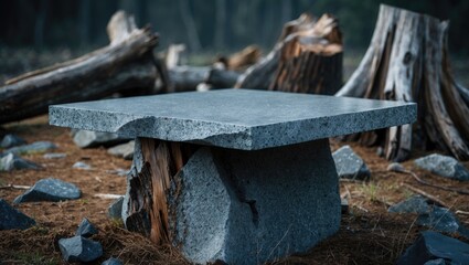 Fototapeta premium A Compact Flat Stone Surface for Product Presentation, Featuring a Low-Profile Granite Base with Detailed Views of Natural Deadwood Stumps.