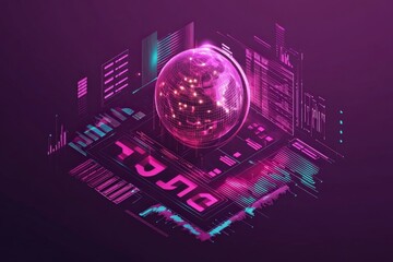 Futuristic Technology Design with a Digital Globe and Neon Elements on a Dark Background