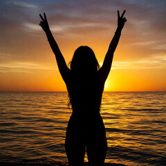 Fototapeta premium silhouette of a woman in the sunset beach. Silhouette of woman celebrating at sunset by the ocean beach. woman celebration on golden hour beach photography.