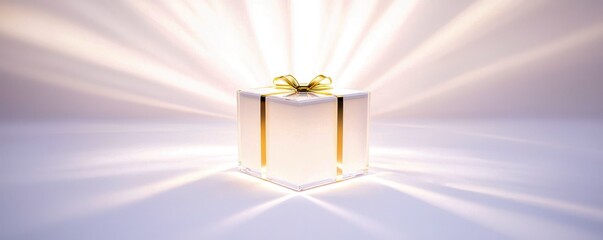 A glowing gift box radiates light, symbolizing joy and surprise, set against a simple white background.