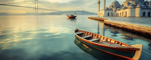 Calm waters reveal a mosque and boats beneath a bridge