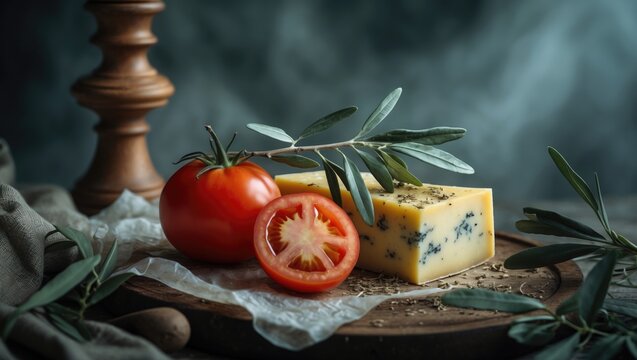 Image of cheese accompanied by a tomato and olive sprigs x9