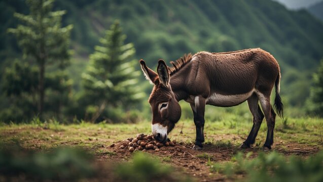 Donkey feeding in a pine grove in Siguatepeque, Comayagua
