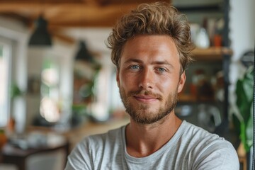 Obraz premium Young Man with Light Brown Hair and Beard Smiling in a Bright Indoor Setting with Natural Light and Cozy Atmosphere