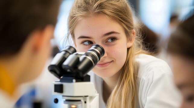 Young female student in a science lab looks intently through a microscope, surrounded by classmates, showcasing focus and learning in an educational environment.
