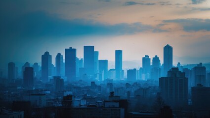 Fototapeta premium Cityscape silhouette in blue tones against an urban backdrop. Flat perspective of a skyline.