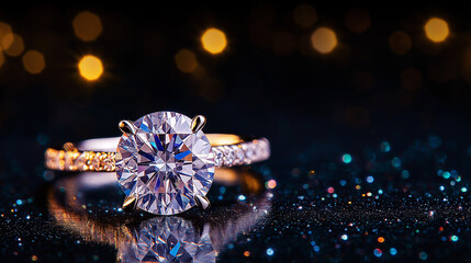 Sparkling Promise: A captivating close-up showcases an exquisite engagement ring adorned with a brilliant diamond, elegantly set against a backdrop of twinkling bokeh lights and glitter.