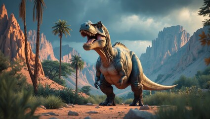 Fototapeta premium Cartoon depiction of a Tyrannosaurus amid mountains, greenery, and trees.