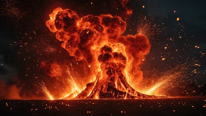 Fiery red sparks soar from a massive eruption in the dark sky. Stunning abstract visuals reflecting fire, light, and vitality. Glowing orange particles drifting against a black backdrop in 4k.