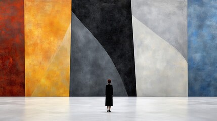 Person Standing in Front of Abstract Colored Wall Artwork