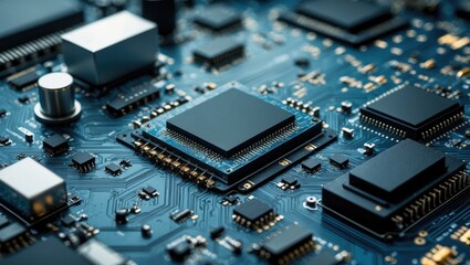 Close-up view of a circuit board featuring electrical chips designed for artificial intelligence applications.