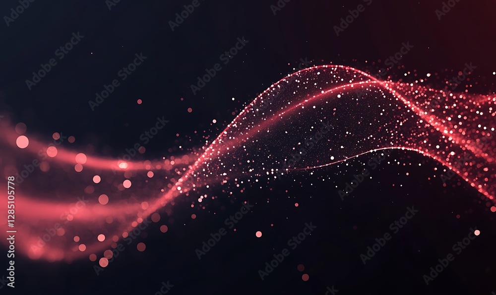 Fototapete abstract red wave pattern with glowing particles on a dark background.
