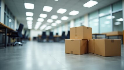 Boxes and supplies placed on the floor of an unused office area.