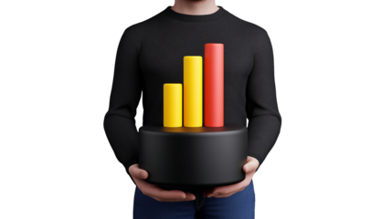Man holding cylindrical chart with colorful bars on transparent background