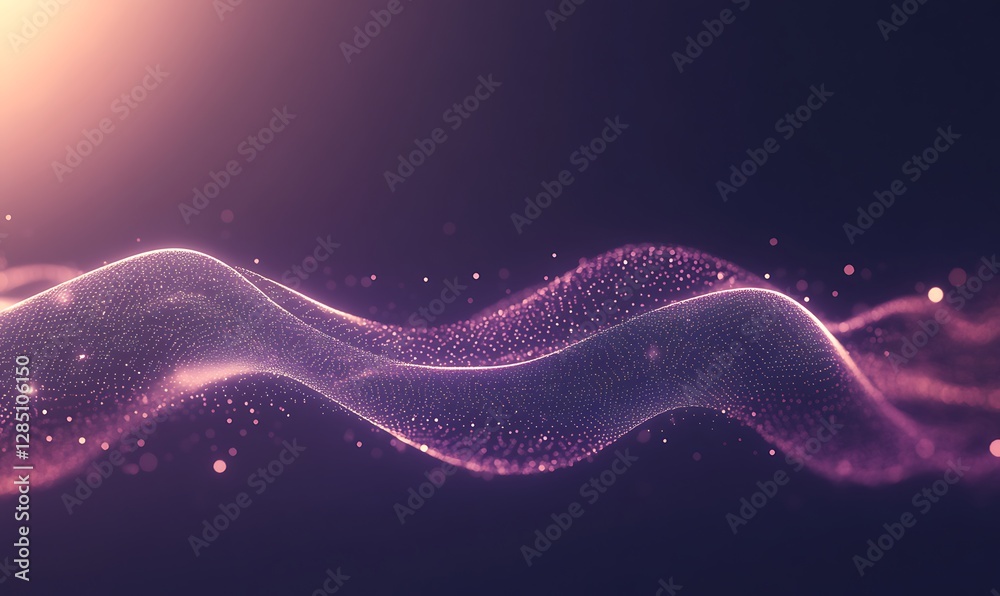 Poster abstract wavy pattern with sparkling particles in shades of pink and purple against a dark backgroun