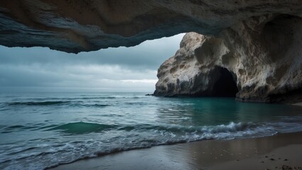 Naklejka premium A coastal cave where the water meets the shore at Praia da Coelha in Albufeira, Algarve, Portugal.