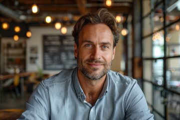 Fototapeta premium Confident man with beard smiling indoors at a café with stylish decor and warm lighting atmosphere
