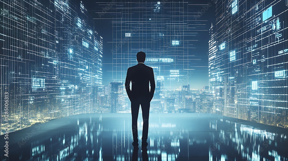 Poster Futuristic businessman observing a digital cityscape with data visualization in a high-tech environment : Generative AI
