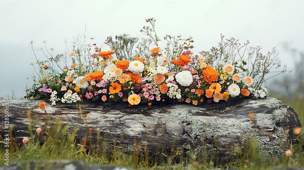Poster vibrant floral display on a wooden log surrounded by lush greenery in a scenic outdoor setting : gen