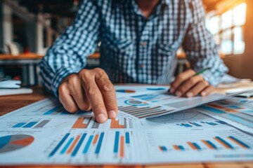 Business professional analyzing corporate reports and charts during working hours in modern office environment