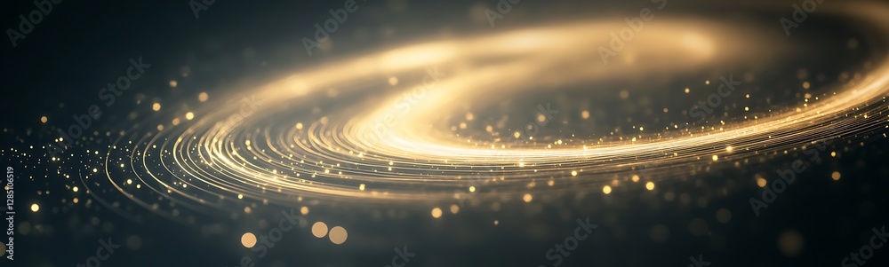 Poster Abstract swirl of golden light with shimmering particles against a dark background.