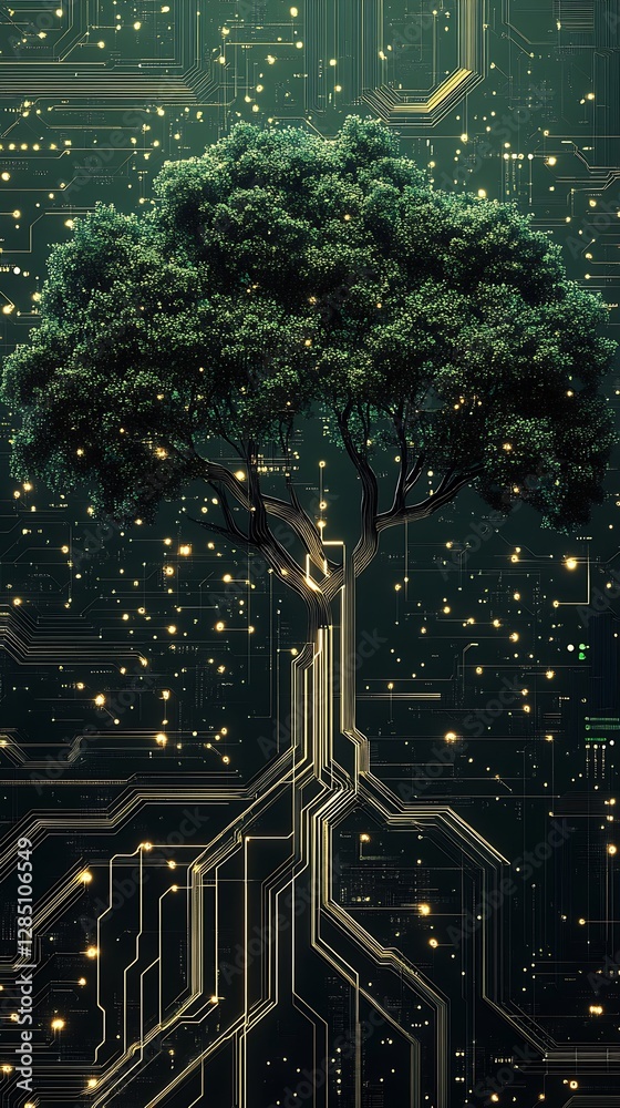 Fototapete Beautiful tree with vibrant foliage growing amidst intricate digital circuit patterns and glowing lights : Generative AI