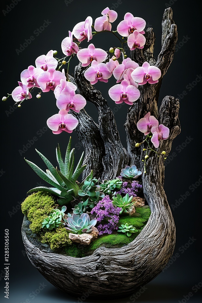 Poster beautiful pink orchids arranged with succulents and moss in artistic wooden container : generative a