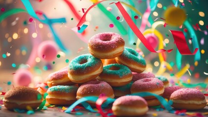 Krapfen, Berliner or donuts surrounded by colorful streamers and confetti. Festive carnival or birthday scene.