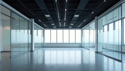 Luminous office area featuring glass partitions and an original black ceiling, devoid of furnishings.