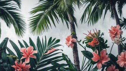 Pattern of palm fronds adorned with exotic blooms. This seamless design features floral elements against a light backdrop.