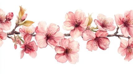 A delicate watercolor illustration of pink cherry blossoms on a branch.