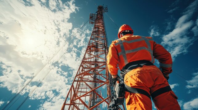 Worker Gazing at a Telecommunication Tower Under a Bright Sky