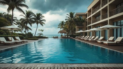 Stunning hotel and resort outdoor swimming pool featuring lounge chairs and a deck for relaxation and vacation enjoyment.