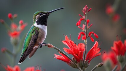 Obraz premium Female black-chinned hummingbird with red blossoms, Arizona