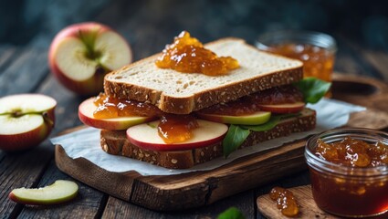 Toast topped with apple jam on a rustic wooden surface
