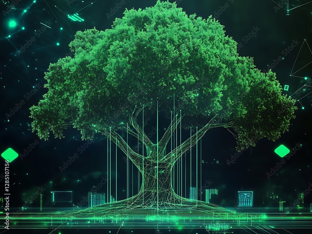 Poster Futuristic green tree with glowing data connections symbolizing nature and technology fusion : Generative AI