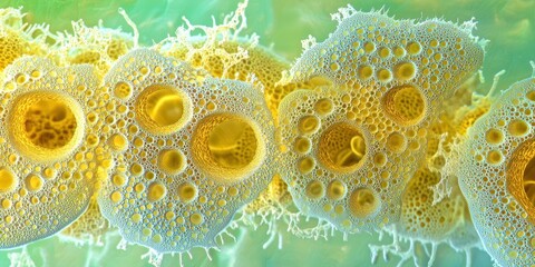 Close up of a yellowish green blob with many small holes