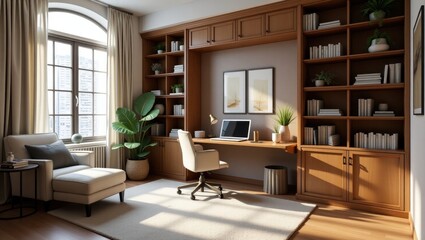 Comfortable home workspace featuring a desk, shelving unit, and lounge chair. Interior decor.