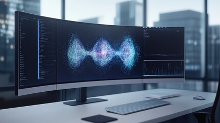 Modern Office Workspace with Curved Monitors and Data Visualization